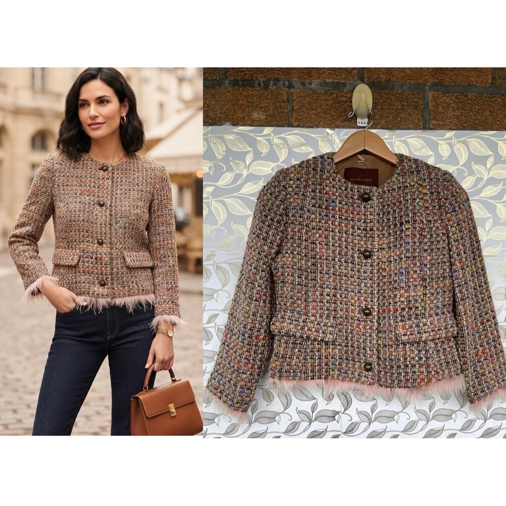 Anne Dee Goldin Multicolor Tweed Jacket Size 4 Soft Pink Fur Trim Designer